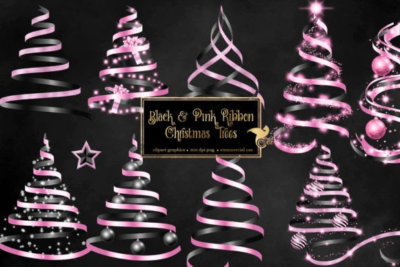Black and Pink Ribbon Christmas Trees Illustrations