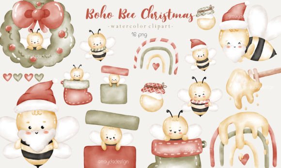 Boho Christmas with Bee Watercolor Set Illustrations