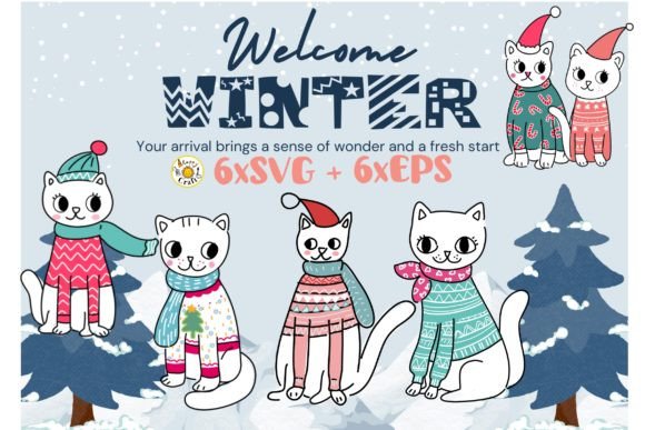 Christmas Cats in Sweater Set Illustrations