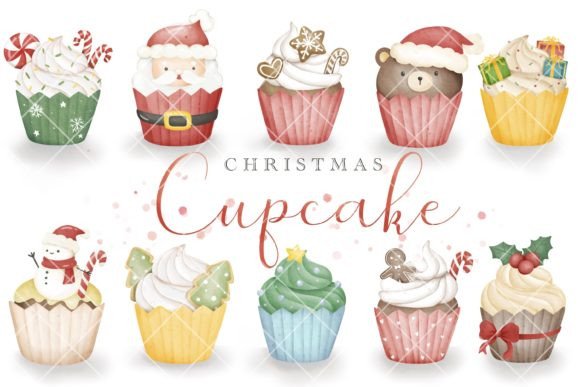 Christmas Cupcakes Watercolor Clipart for Branding and Packaging