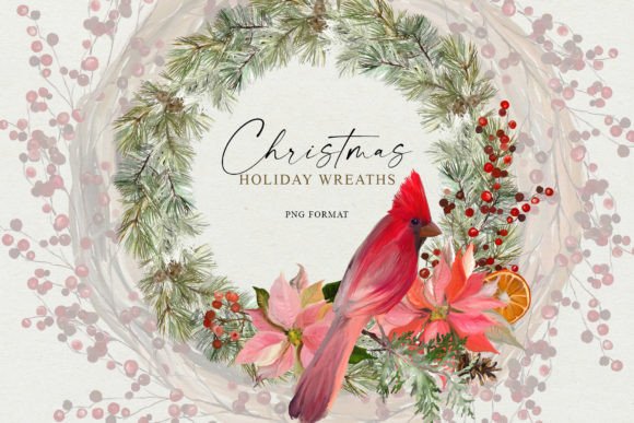 Christmas Holiday Wreaths Illustrations for Digital Selling