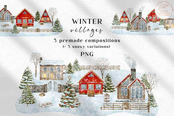Christmas Village Winter Houses Clipart for Branding and Packaging