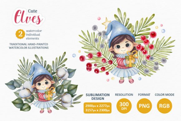 Christmas Watercolor Cute Elves Clipart for Illustrations