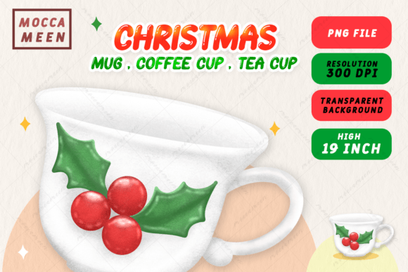 Christmas White Tea Cup Holly Berries Illustrations