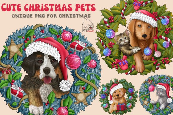Cute Christmas Pets Illustrations for Festive Design Projects