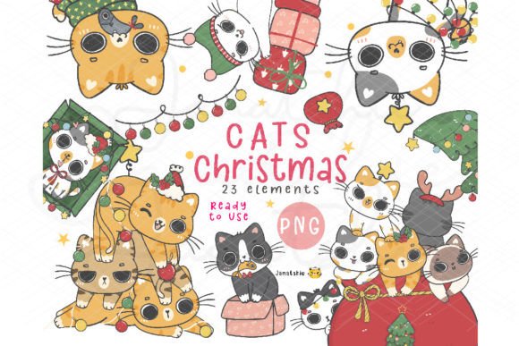 Kawaii Christmas Naughty Cats Party Clip Illustrations