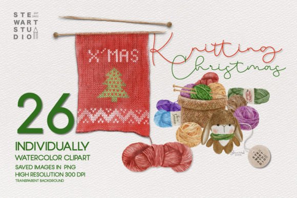 Knitting Christmas Watercolor Clipart for Illustrations