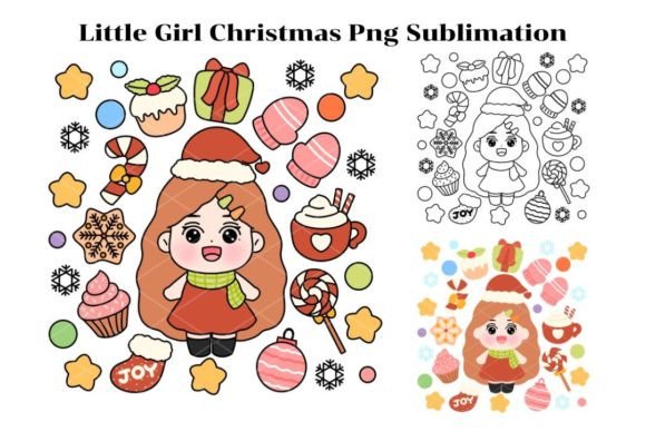Little Girl Christmas Illustrations for Digital Selling