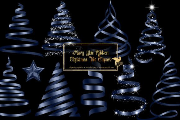 Navy Blue Ribbon Christmas Trees Illustrations