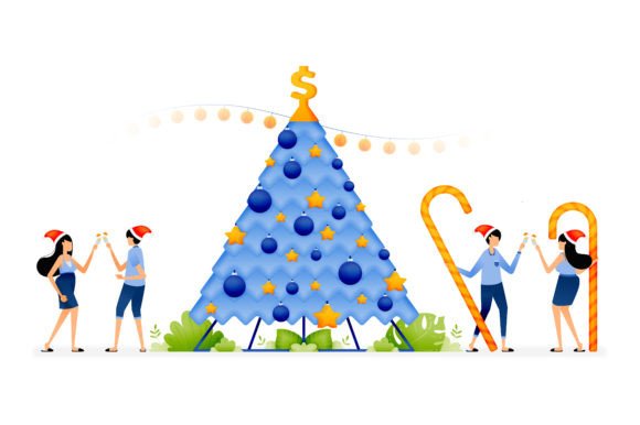 Partying and Toasting for Christmas Tree Illustrations