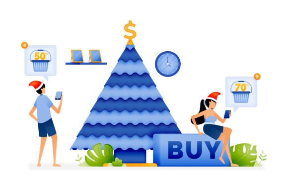 People Celebrating Christmas by Shopping Illustrations