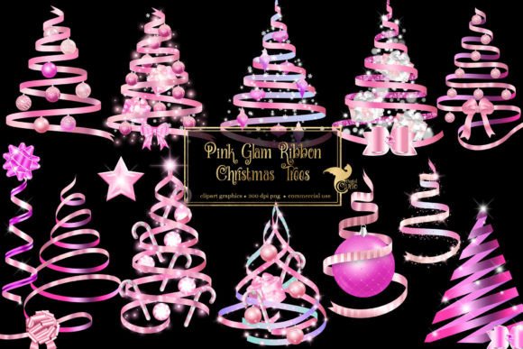 Pink Glam Ribbon Christmas Trees Illustrations