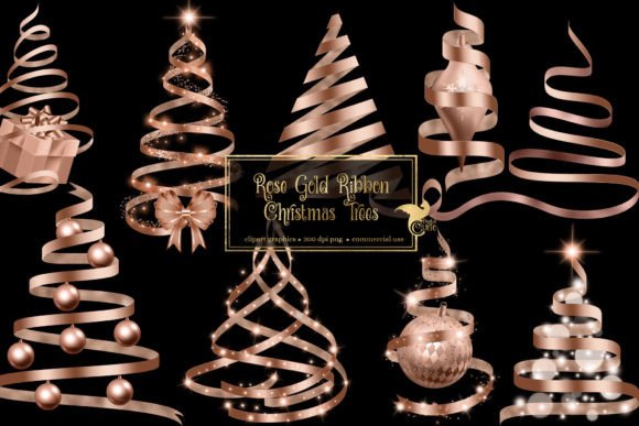 Rose Gold Ribbon Christmas Trees Illustrations
