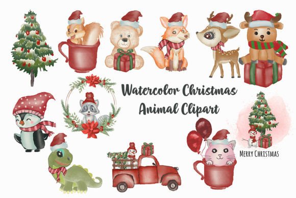 Watercolor Christmas Animal Cliparts for Branding and Marketing