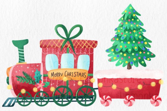 Winter Train with Christmas Tree PNG Illustrations